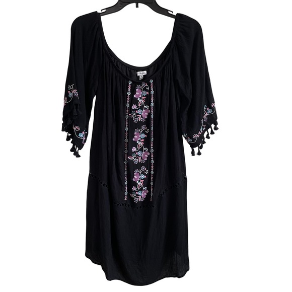 Love Fire Embroidered Dress Tassel Bell Sleeve‎ Bohemian Black XL Gauzy Material - Picture 1 of 8
